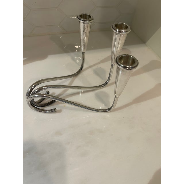 1950s Mid 20th Century Sterling Silver Pair of Bauhaus Candlesticks With 3 Candles Each For Sale - Image 5 of 7