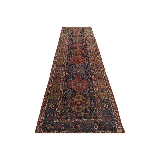 Tribal Vintage Extra-Long Runner Rug in Blue With Geometric Medallions - Rug & Kilim For Sale - Image 3 of 7