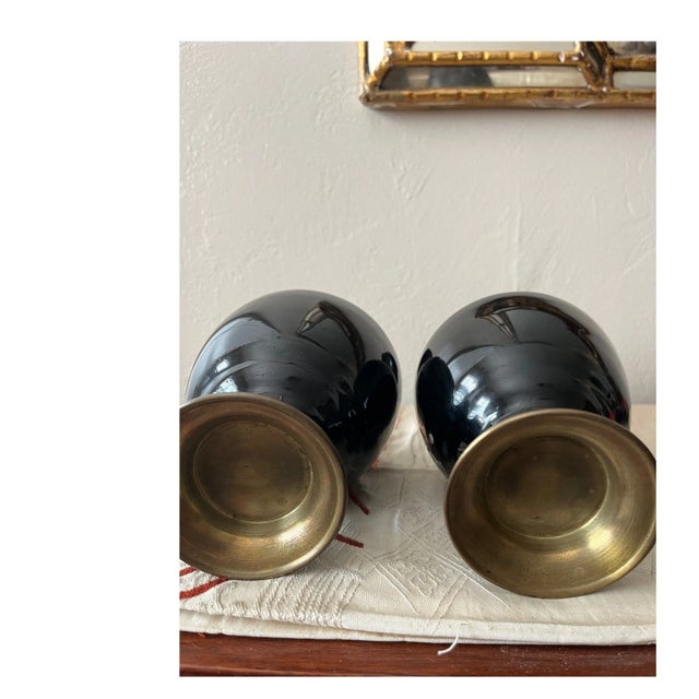 Black Pair of Vintage 9" Korean Black Enamel Brass Vases, Mother of Pearl Inlay For Sale - Image 8 of 9