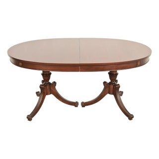 Baker Furniture Style Regency Mahogany Double Pedestal Extension Dining Table, Newly Refinished For Sale