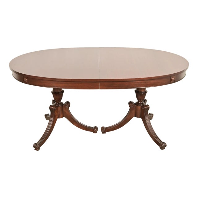 Baker Furniture Style Regency Mahogany Double Pedestal Extension Dining Table, Newly Refinished For Sale