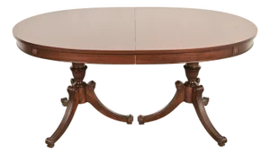 Baker Furniture Style Regency Mahogany Double Pedestal Extension Dining Table, Newly Refinished