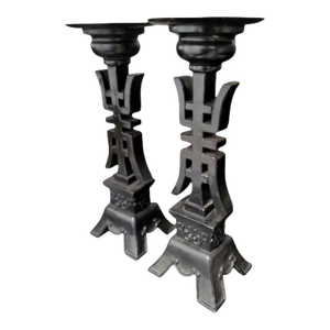 Vintage Wood Carved Black Chinese Character Tall Pillar Candle Stick Holders- A Pair