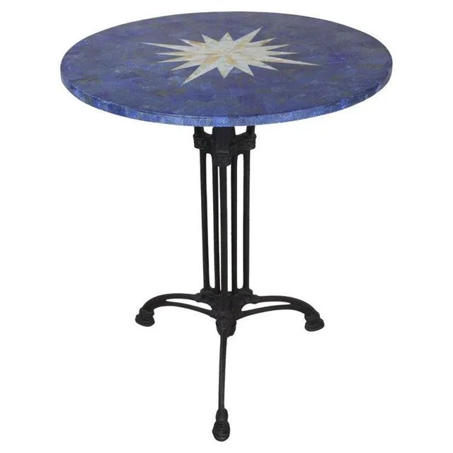 Blue Lapis and Mother of Pearl Pietra Dura Cafe Table and 4 Iron Chairs with Cushions For Sale - Image 8 of 10