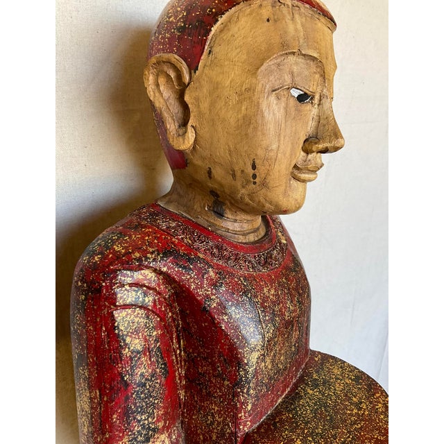 1980s Vintage Buddha Buddhist Carved Wood Burmese Thai Monk Statue For Sale - Image 5 of 11