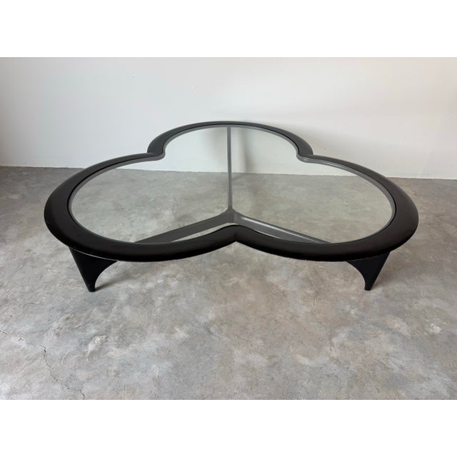 70's Mid-Century "Silhouette" Clover Leaf Black Lacquer Walnut Coffee Cocktail Table For Sale - Image 4 of 12