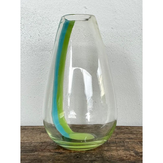 Glass Vintage Clear Glass Vase With Blue and Green Stripes For Sale - Image 7 of 12