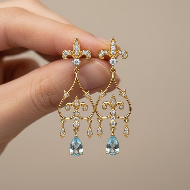 Metal Fleur De Lis Chandelier Earrings Studs With Topaz in Silver, Gold, A Pair For Sale - Image 7 of 10