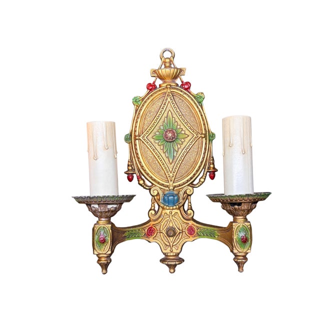 Baroque 1920s Baroque Cast Aluminum Wall Sconces With Original Polychrome Finish - Pair For Sale - Image 3 of 9