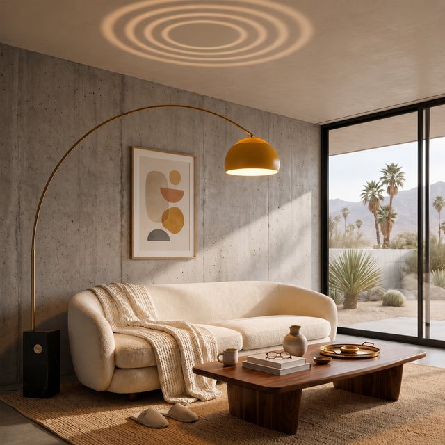 Nova Iconic 95" Arc Floor Lamp - Weathered Brass, Mustard Shade, Black Marble Base For Sale - Image 4 of 8