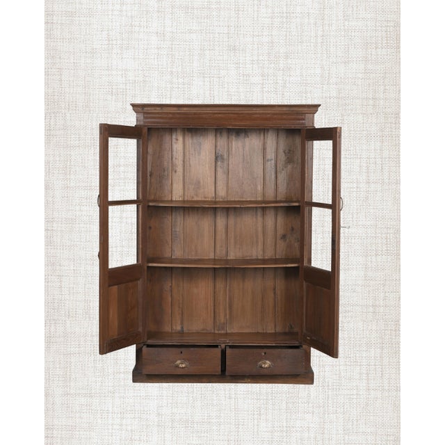 French Provincial Antique Indian Glass Armoire With Drawers | Rustic Display Cabinet | Vintage Teak Wood Cabinet | Wabi Sabi Decor For Sale - Image 3 of 8