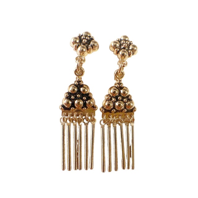 The Vintage Gold Tone Tassel Clip-on Earrings feature detailed round circles over a black background. On the back, a...