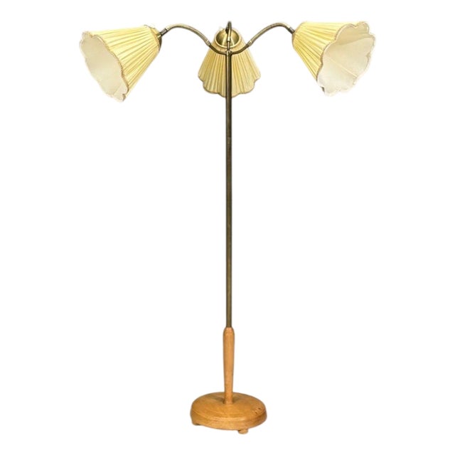 1950s Swedish Modern Birch, Brass, Silk Adjustable Floor Lamp For Sale