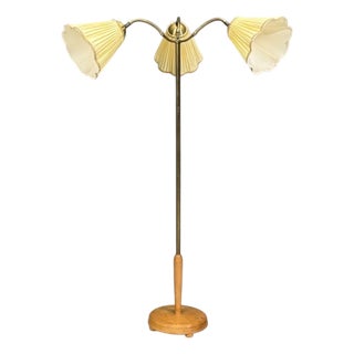 Swedish Modern, Adjustable Floor Lamp, Birch, Brass, Silk, Sweden, 1950s For Sale