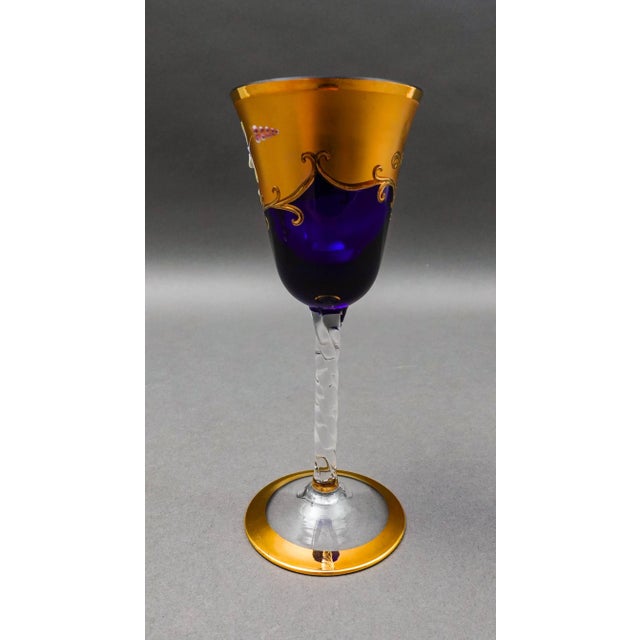 Tre Fuochi Venetian Glass Cobalt Blue 24k Gold Wine Glasses Set of 6 For Sale In Miami - Image 6 of 10