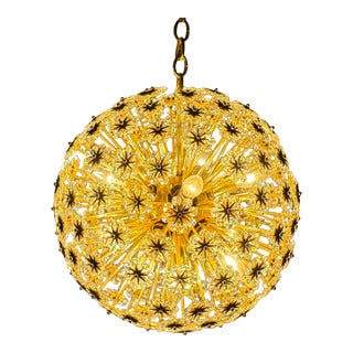 Large 1950s Sputnik Dandelion Chandelier, Brass & Crystal, 11 Bulbs For Sale