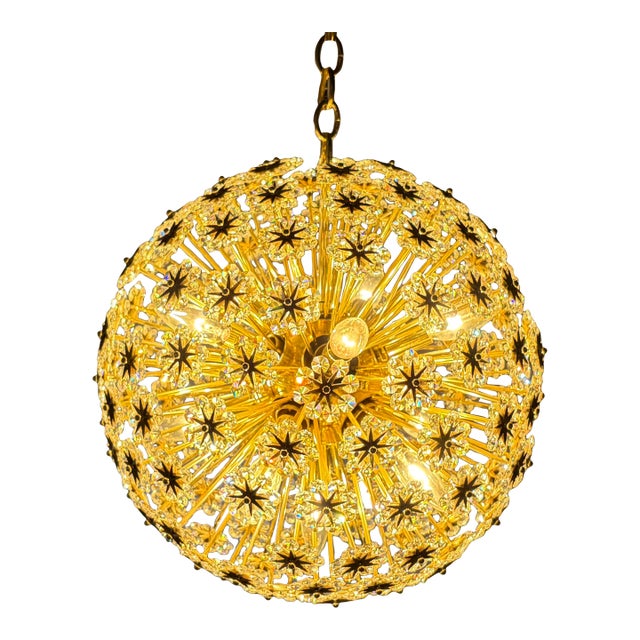Large 1950s Sputnik Dandelion Chandelier, Brass & Crystal, 11 Bulbs For Sale