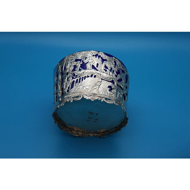 Antique Dutch 833 Silver Cobalt Glass Large Open Salt Cellars 1890 - Set of 2 For Sale In Monterey, CA - Image 6 of 13