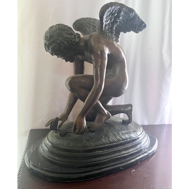 Vintage Grand Scale Patinated Bronze "Cupid Playing With a Butterfly" After Injalbert 1890 For Sale - Image 4 of 18