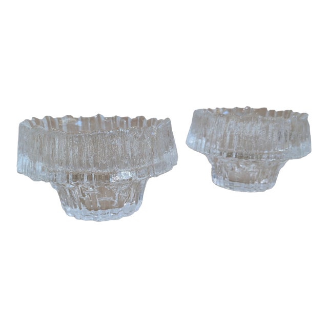 Set of 2 Iittala Finland Stellaria Textured Glass Crystal Candle Holders MCM For Sale