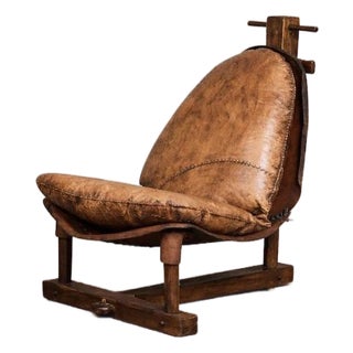 Buffalo Leather Lounge Chair With Rich Patina, Brazil, 1960s, Brutalist Vintage Chair For Sale