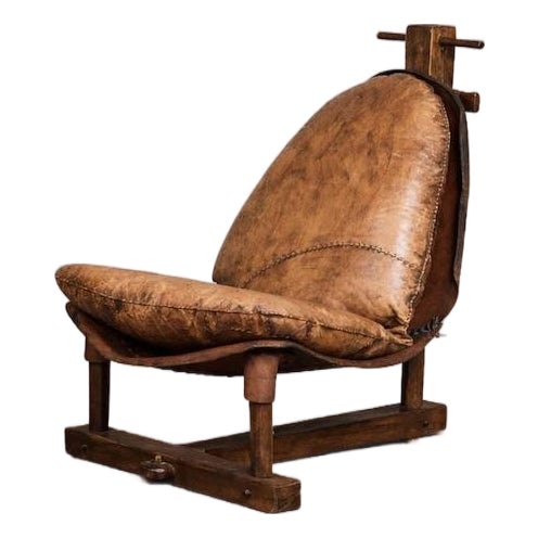 Buffalo Leather Lounge Chair With Rich Patina, Brazil, 1960s, Brutalist Vintage Chair For Sale