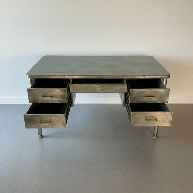 Vintage Polished Double Pedestal Steel Desk For Sale - Image 3 of 10