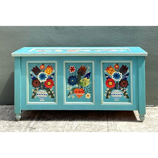 Teal Vintage Hand Painted Blanket Trunk For Sale - Image 8 of 12