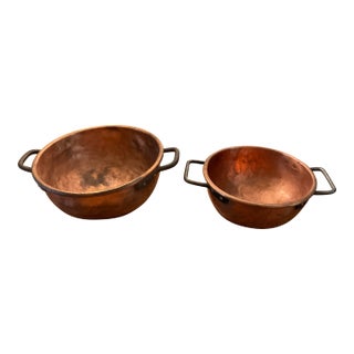 19th-Century Hand-Hammered Dovetailed Copper Basins With Iron Handles - Pair For Sale