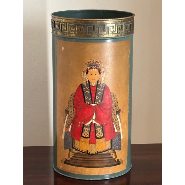 Offering a beautiful mid-20th century tole umbrella stand. This gorgeous teal color stand features brass Greek Key-style...