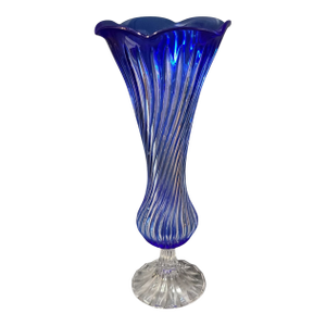Vintage Cobalt Blue Crystal French Scalloped Edge Pedestal Vase #1