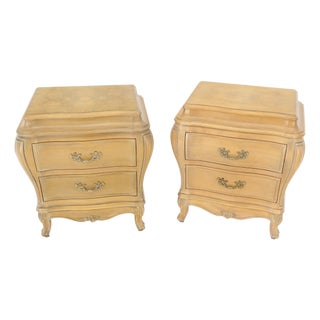 Pair Bombe White Wash Pickled Burl Wood Night Stands End Tables Brass Pulls Mint For Sale