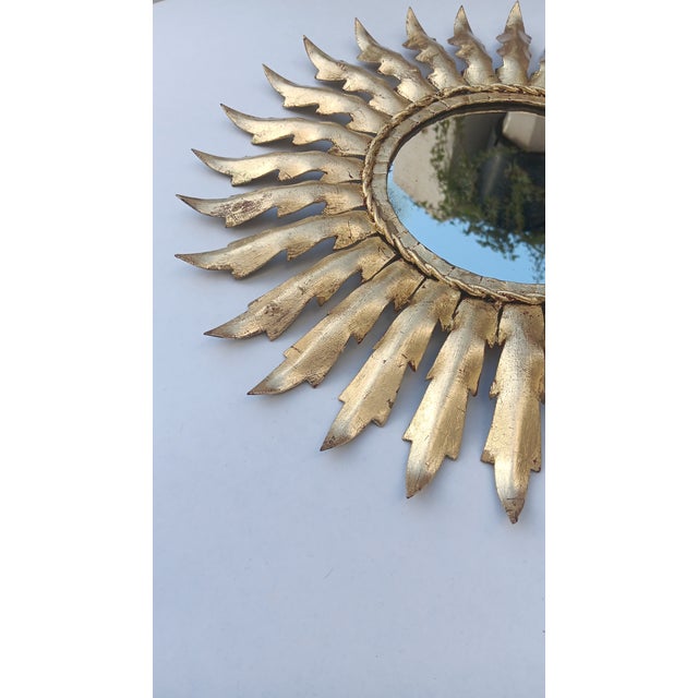 Mid-Century Modern Vintage Spanish Gilt Metal Sunburst Mirror, 1960s For Sale - Image 3 of 7