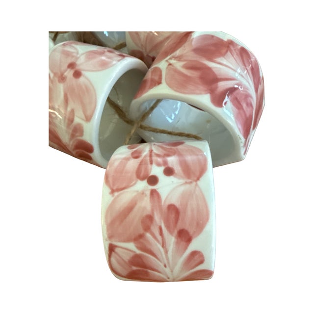 Shabby Chic Vintage Hand Painted Pink Floral Ceramic Napkin Rings For Sale - Image 3 of 3