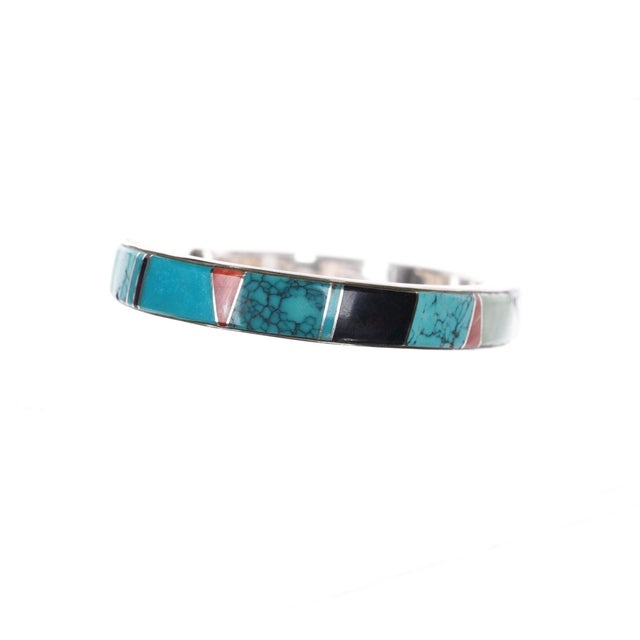 6 3/8" Kay Yazzie Navajo sterling multi-stone channel inlay cuff bracelet For Sale - Image 4 of 10