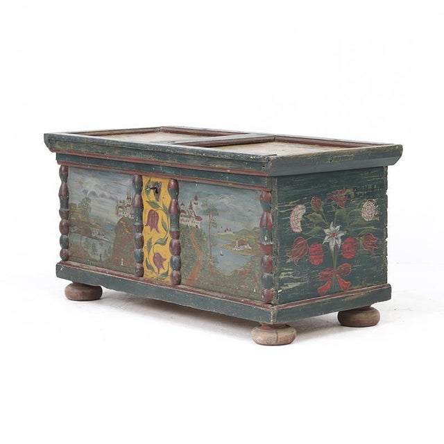 Beige Rustic Farmhouse Folk Art Painted Bridal Chest For Sale - Image 8 of 16