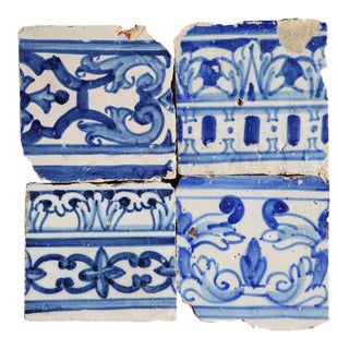 Antique Blue & White Set of Four Tiles, Portuguese, 17th Century For Sale