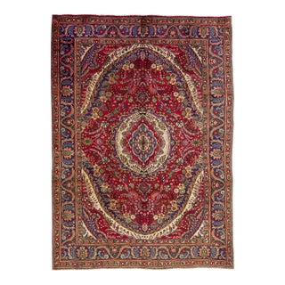 1960s Vintage Persian Tabriz Handmade Medallion Red Wool Rug For Sale