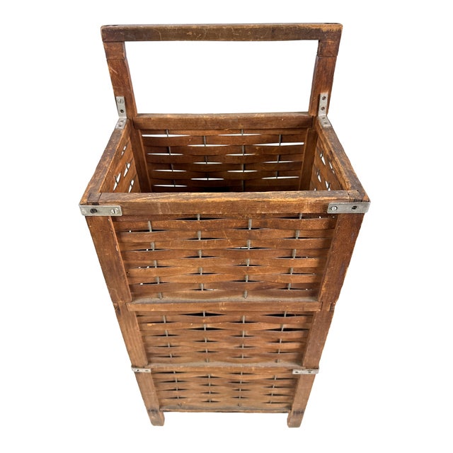 Brown Antique 1910s Woven Splint Wood Rolling Cart Utility Basket / Wheeled Shopping Trolley For Sale - Image 8 of 18