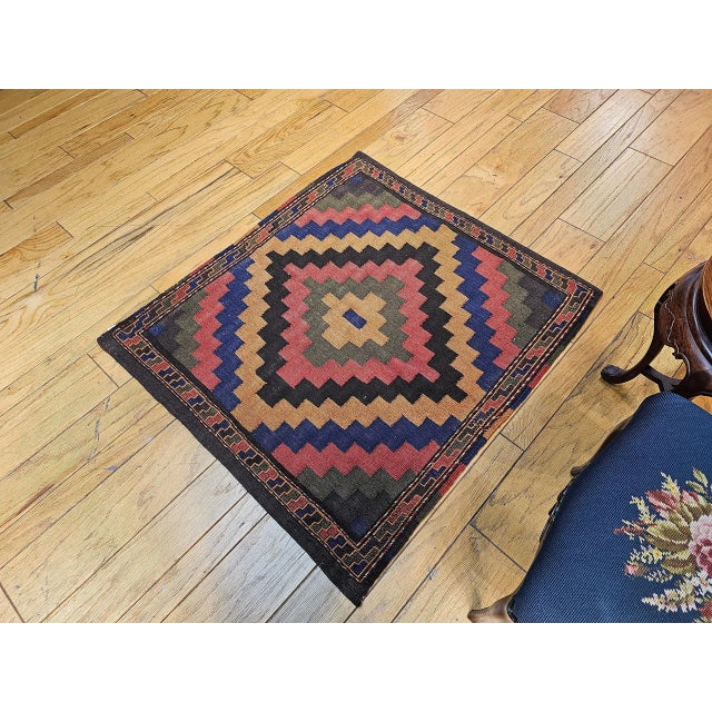 Vintage Persian Sofreh Qashqai Tribal Kilim, Handwoven Wool, Geometric Multicolor Pattern, 4’ X 4’ For Sale In Chicago - Image 6 of 9