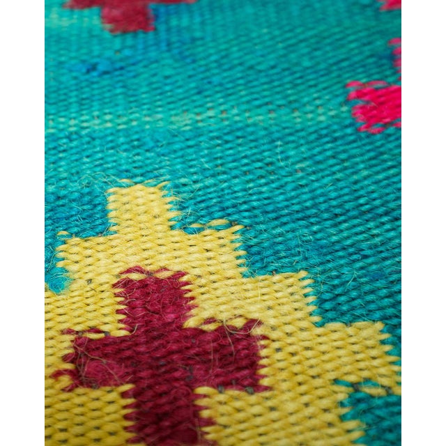 Extra-long vintage Romanian folk handwoven wool flatweave runner (kilim-style), featuring a bold geometric design on a...