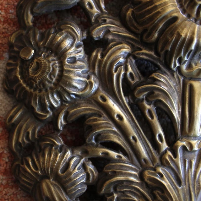 Pair of Antique Continental Brass Repoussé Sconces For Sale - Image 10 of 15