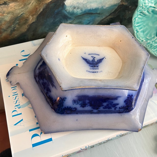Antique Flow Blue Hexagon Rimmed Pedestal Bowl For Sale - Image 12 of 18