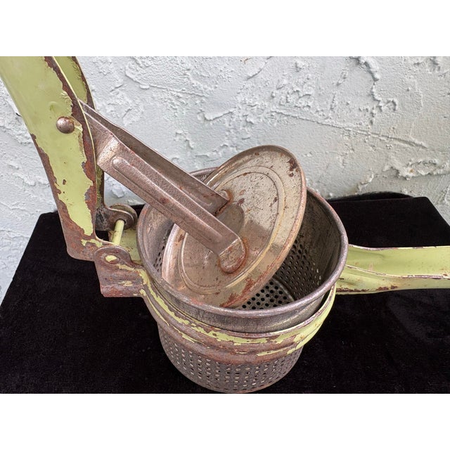 Vintage Mid-Century Industrial Green Metal Potato Ricer Press For Sale In Orlando - Image 6 of 9
