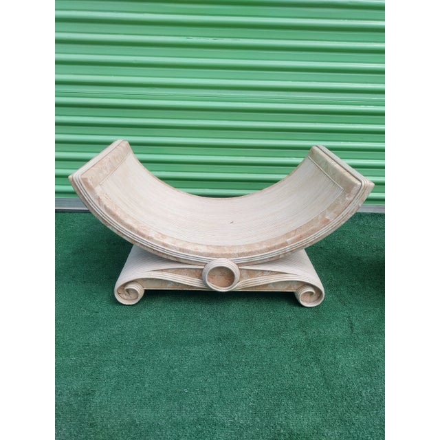 Vintage Molded Pencil Reed Betty Cobonpue Faux Peach Marble Mid Century Bent U Shape Swirl Leg Coffee Table For Sale - Image 10 of 10