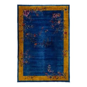 Antique Art Deco Blue Chinese Handmade Floral Wool Rug