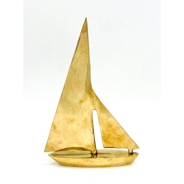 Brass Vintage Nautical Brass Sailboat Sculptures a Pair – Mid-Century Modern / Coastal Style For Sale - Image 8 of 10