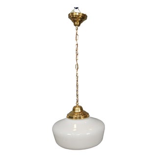 Vintage Brass Milk Glass Schoolhouse Hanging Pendant Swag Light Chandelier For Sale