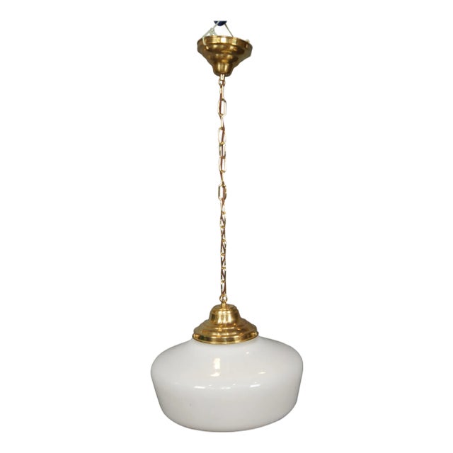 Vintage Brass Milk Glass Schoolhouse Hanging Pendant Swag Light Chandelier For Sale