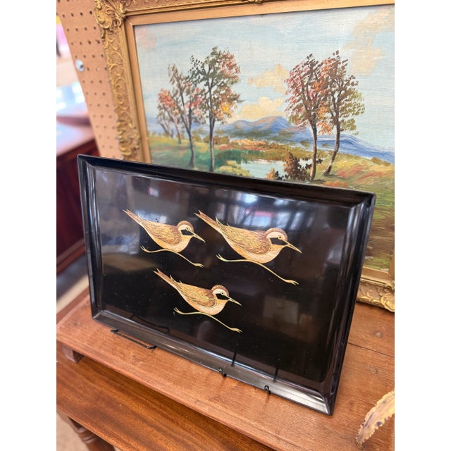 Vintage Mid-Century Modern Black Lacquer Tray With Hand-Painted Shorebirds - 1950s Japanese Decorative Serving Art For Sale In Seattle - Image 6 of 8